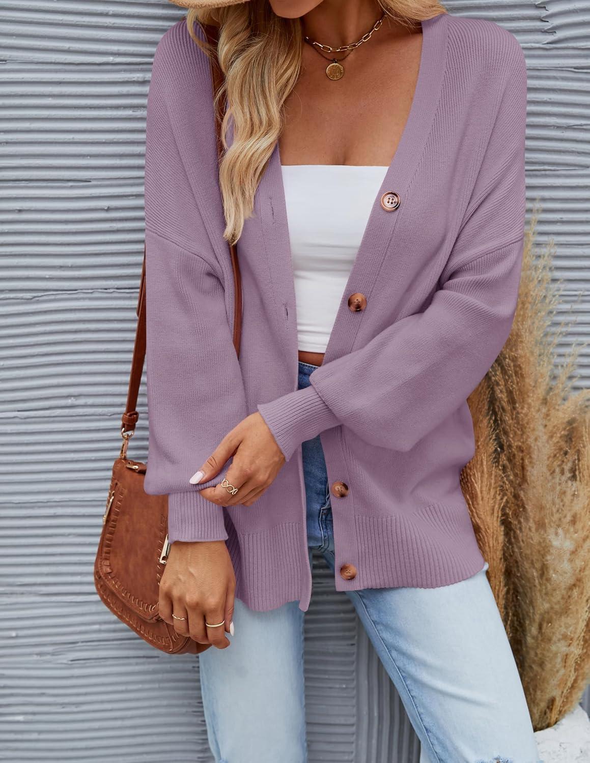 imageZESICA Womens Casual Long Sleeve Cardigan V Neck Button Down Open Front Knit Loose Oversized Sweater CoatPurple