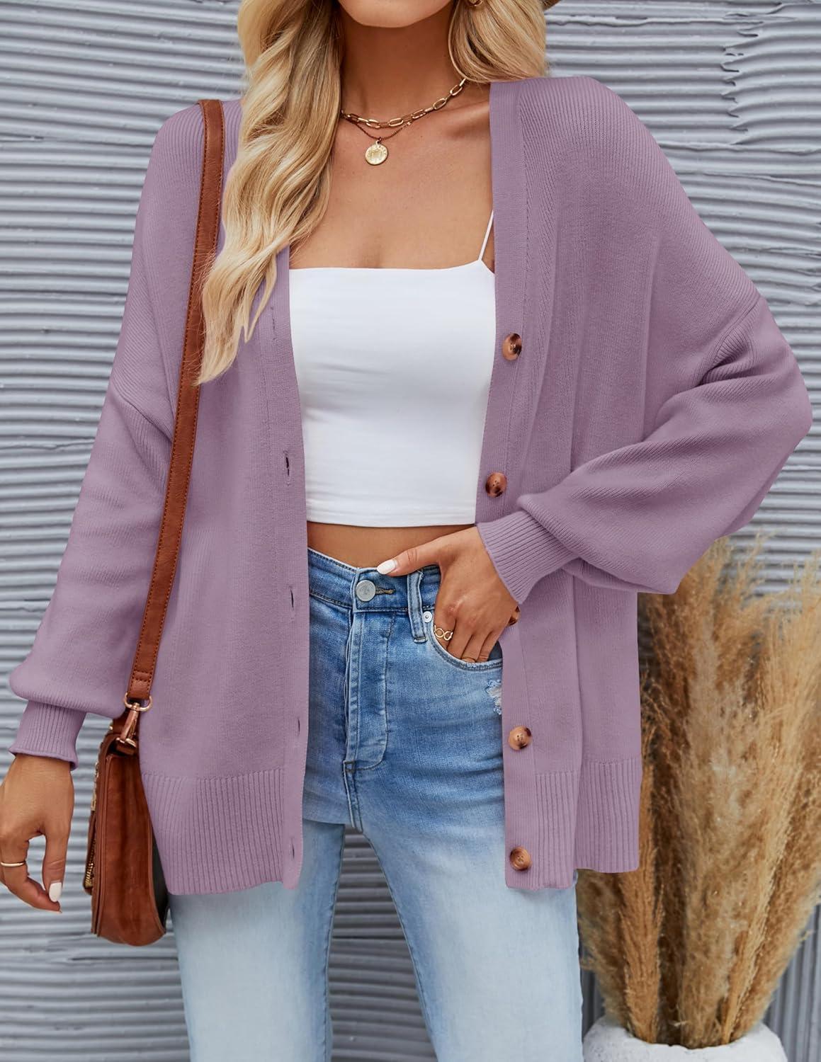 imageZESICA Womens Casual Long Sleeve Cardigan V Neck Button Down Open Front Knit Loose Oversized Sweater CoatPurple