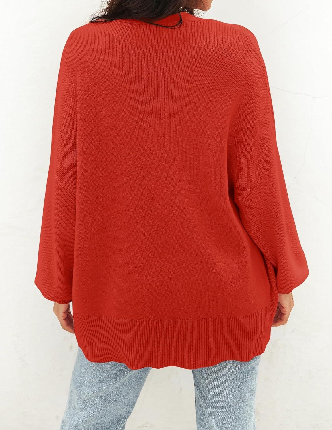 imageZESICA Womens Casual Long Sleeve Cardigan V Neck Button Down Open Front Knit Loose Oversized Sweater CoatRed