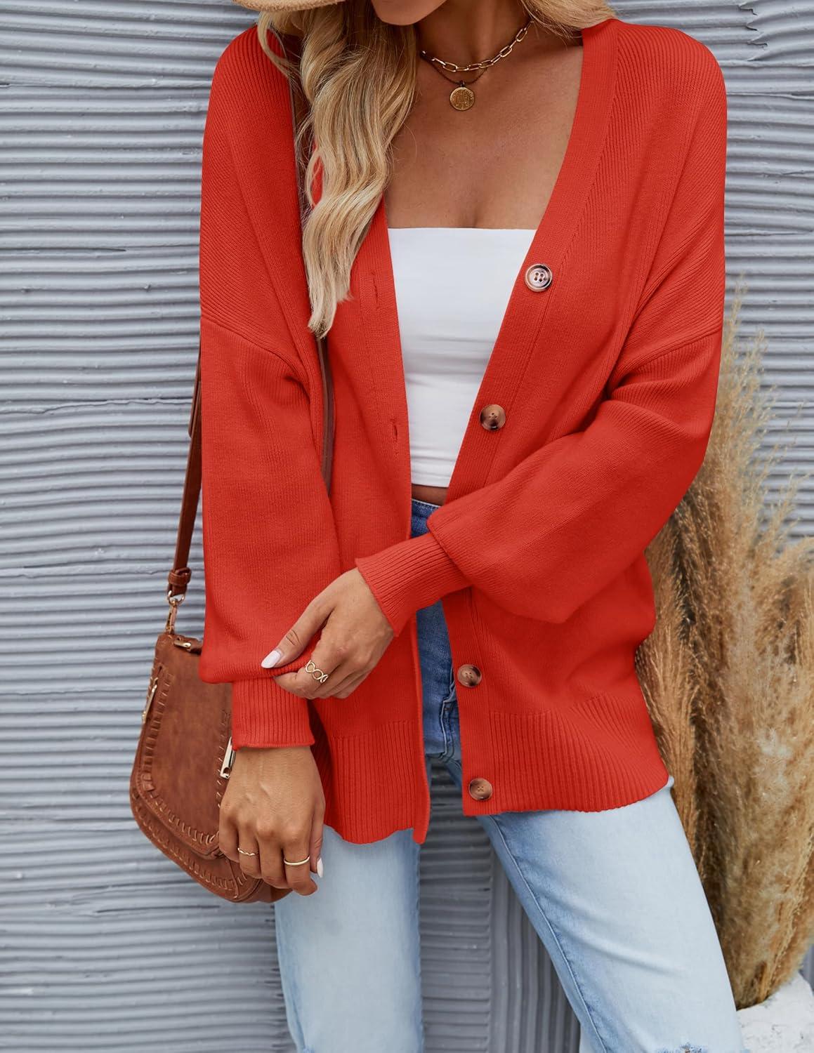 imageZESICA Womens Casual Long Sleeve Cardigan V Neck Button Down Open Front Knit Loose Oversized Sweater CoatRed