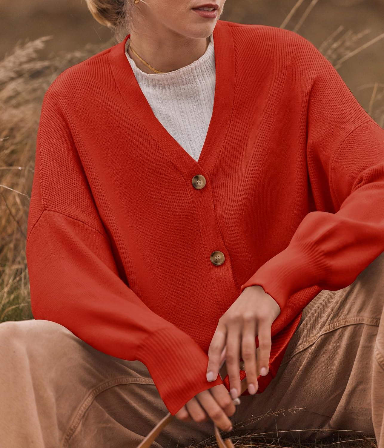 imageZESICA Womens Casual Long Sleeve Cardigan V Neck Button Down Open Front Knit Loose Oversized Sweater CoatRed