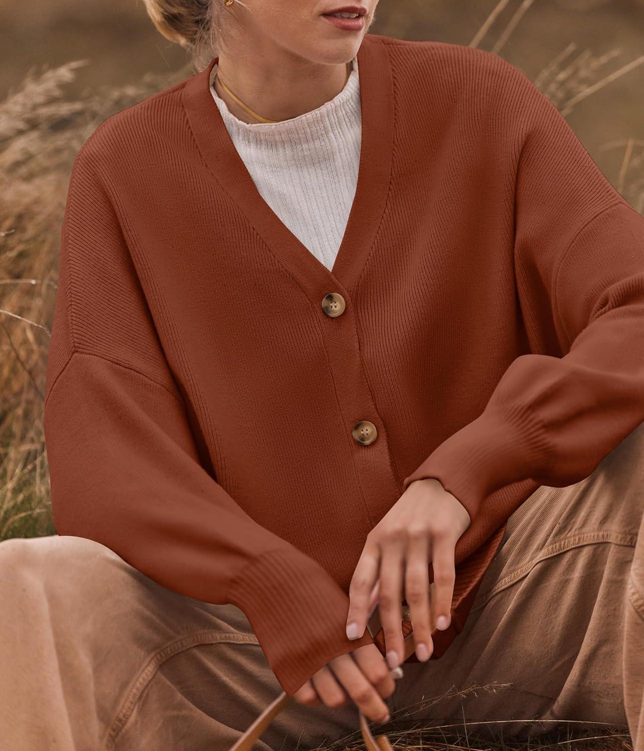 imageZESICA Womens Casual Long Sleeve Cardigan V Neck Button Down Open Front Knit Loose Oversized Sweater CoatRust