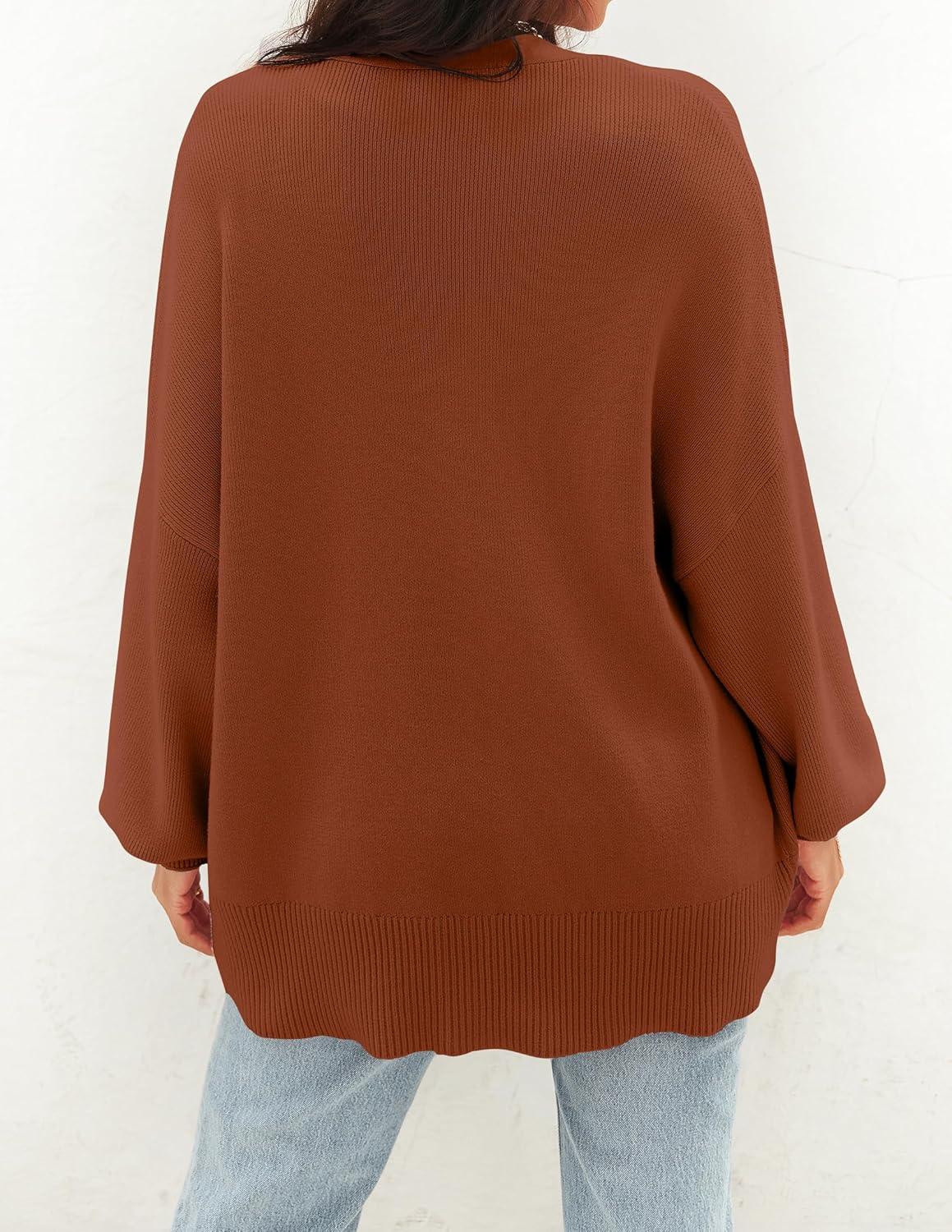 imageZESICA Womens Casual Long Sleeve Cardigan V Neck Button Down Open Front Knit Loose Oversized Sweater CoatRust
