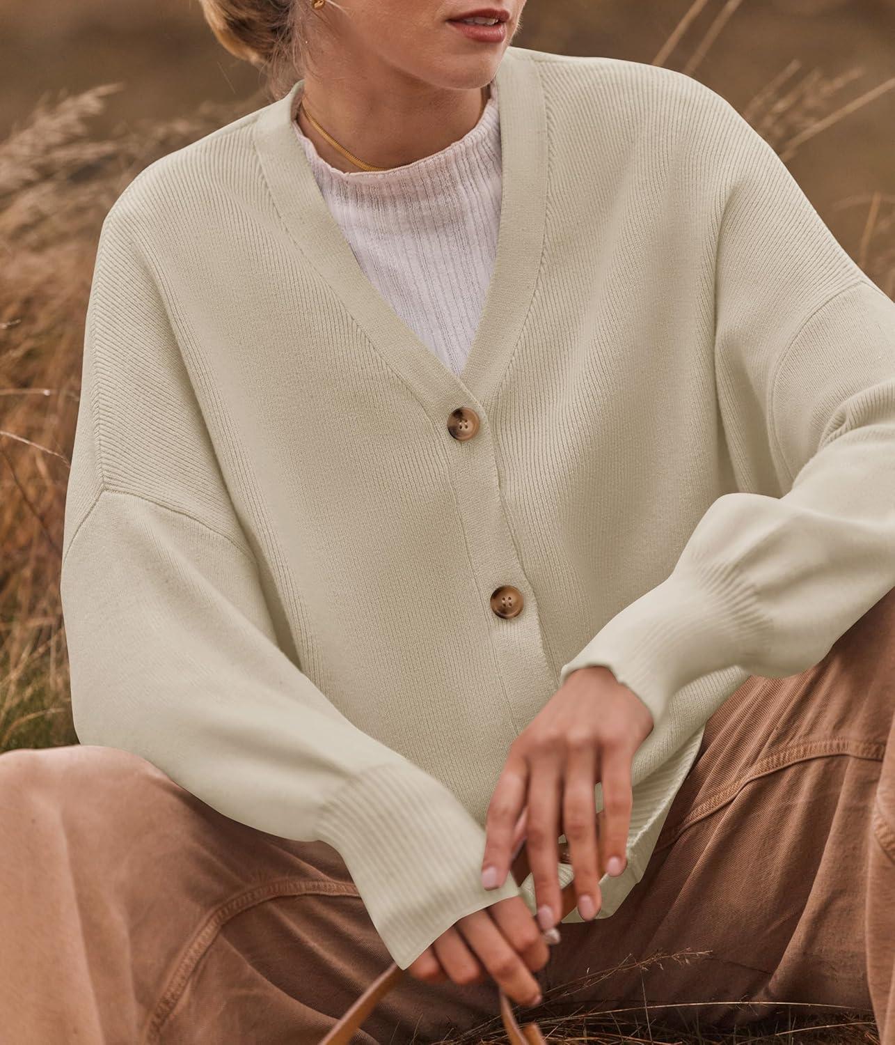 imageZESICA Womens Casual Long Sleeve Cardigan V Neck Button Down Open Front Knit Loose Oversized Sweater CoatSand