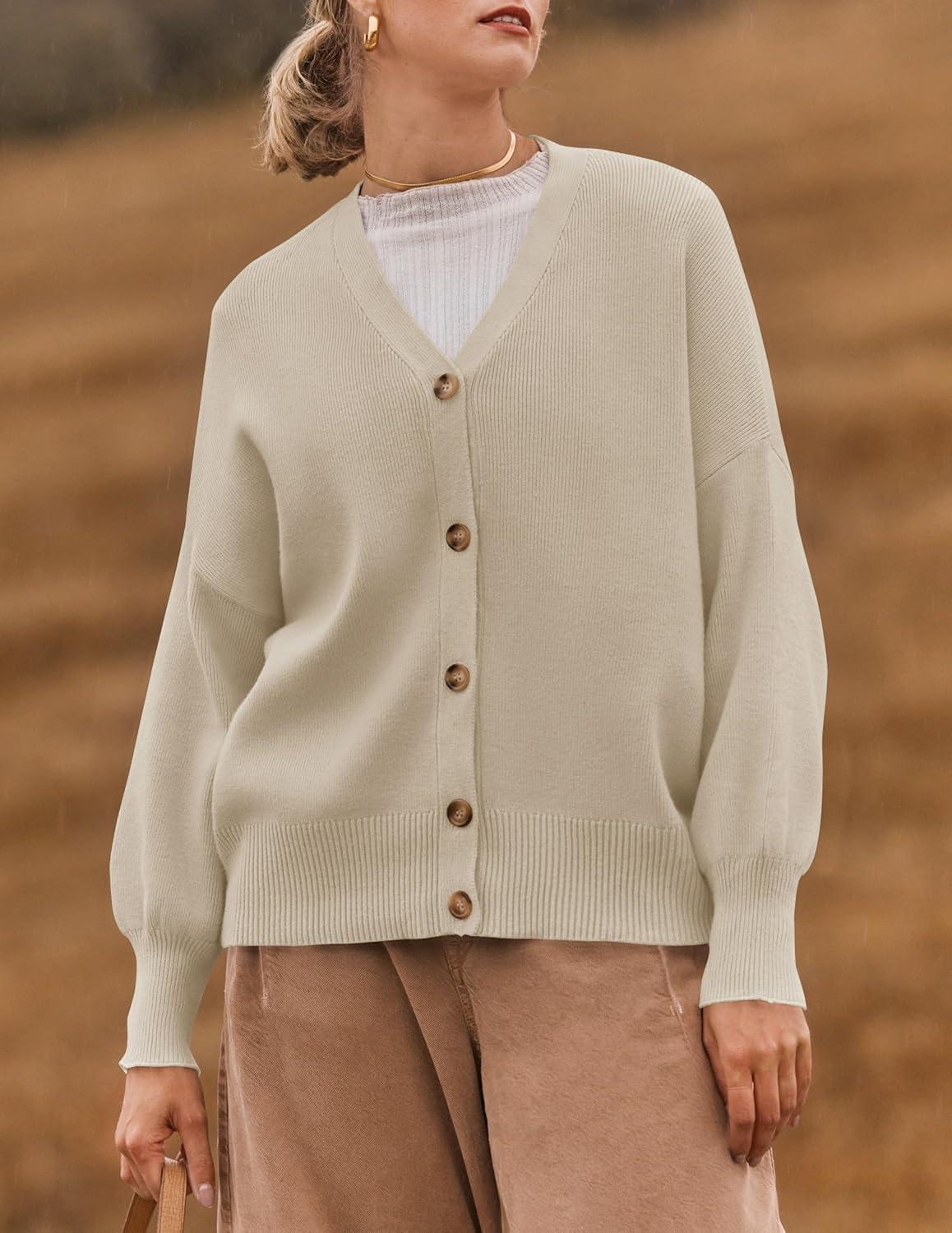 imageZESICA Womens Casual Long Sleeve Cardigan V Neck Button Down Open Front Knit Loose Oversized Sweater CoatSand