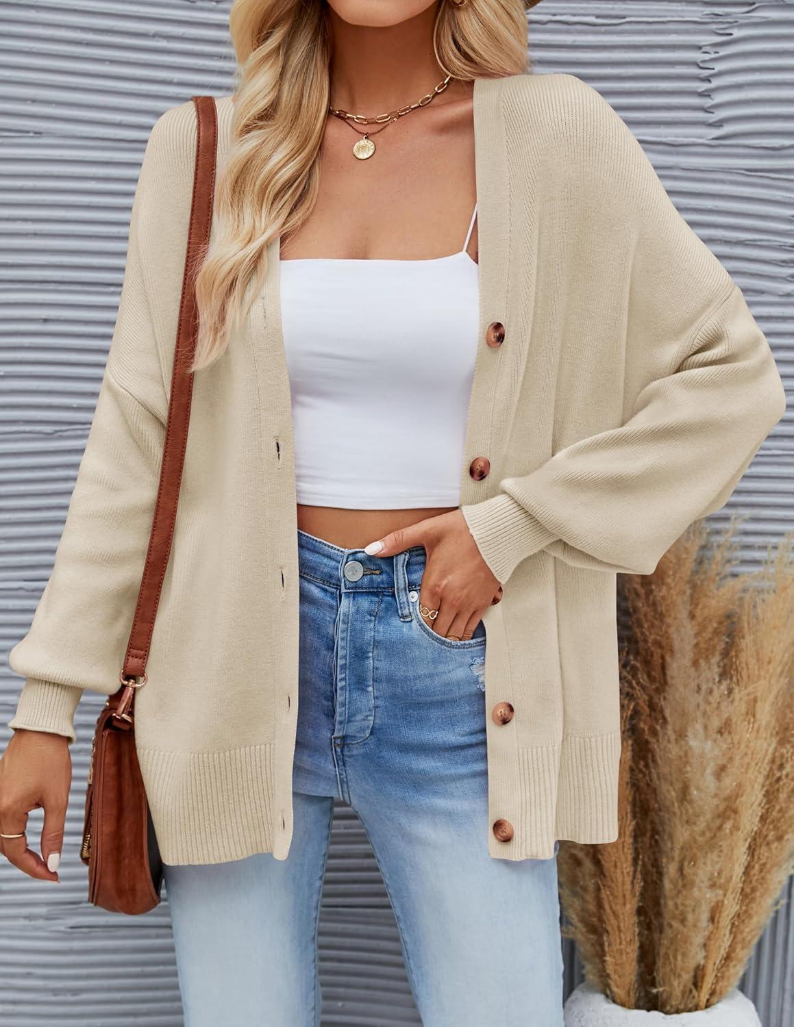 imageZESICA Womens Casual Long Sleeve Cardigan V Neck Button Down Open Front Knit Loose Oversized Sweater CoatSand