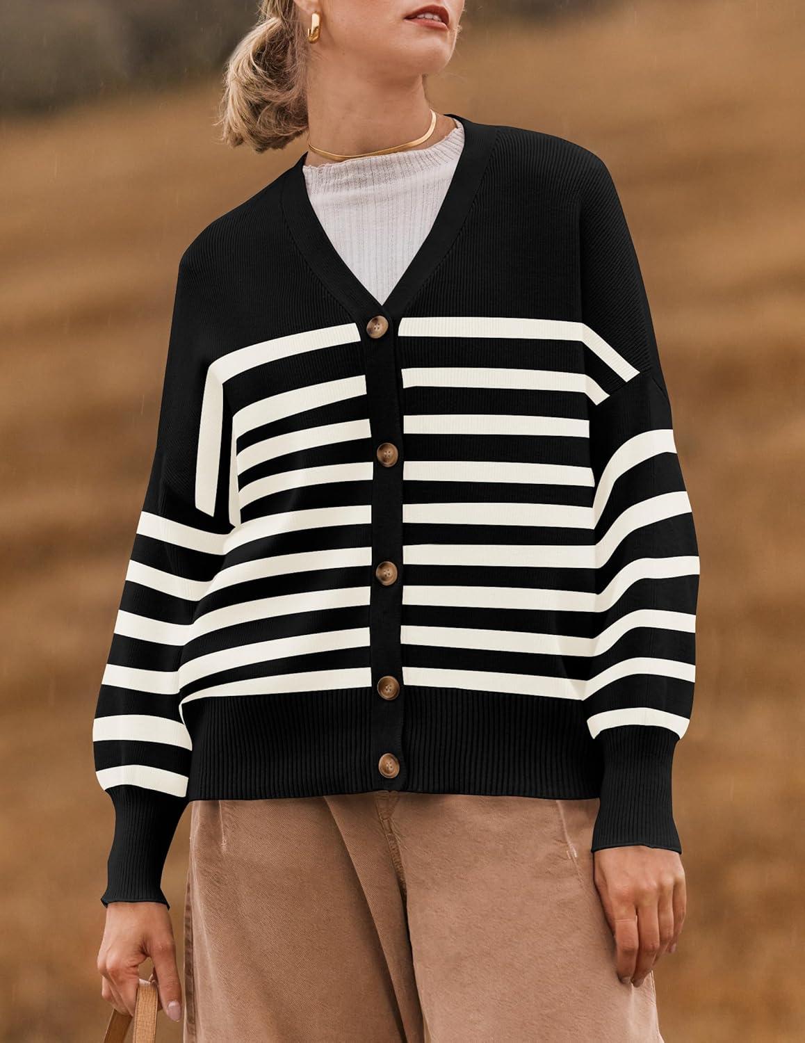 imageZESICA Womens Casual Long Sleeve Cardigan V Neck Button Down Open Front Knit Loose Oversized Sweater CoatStriped