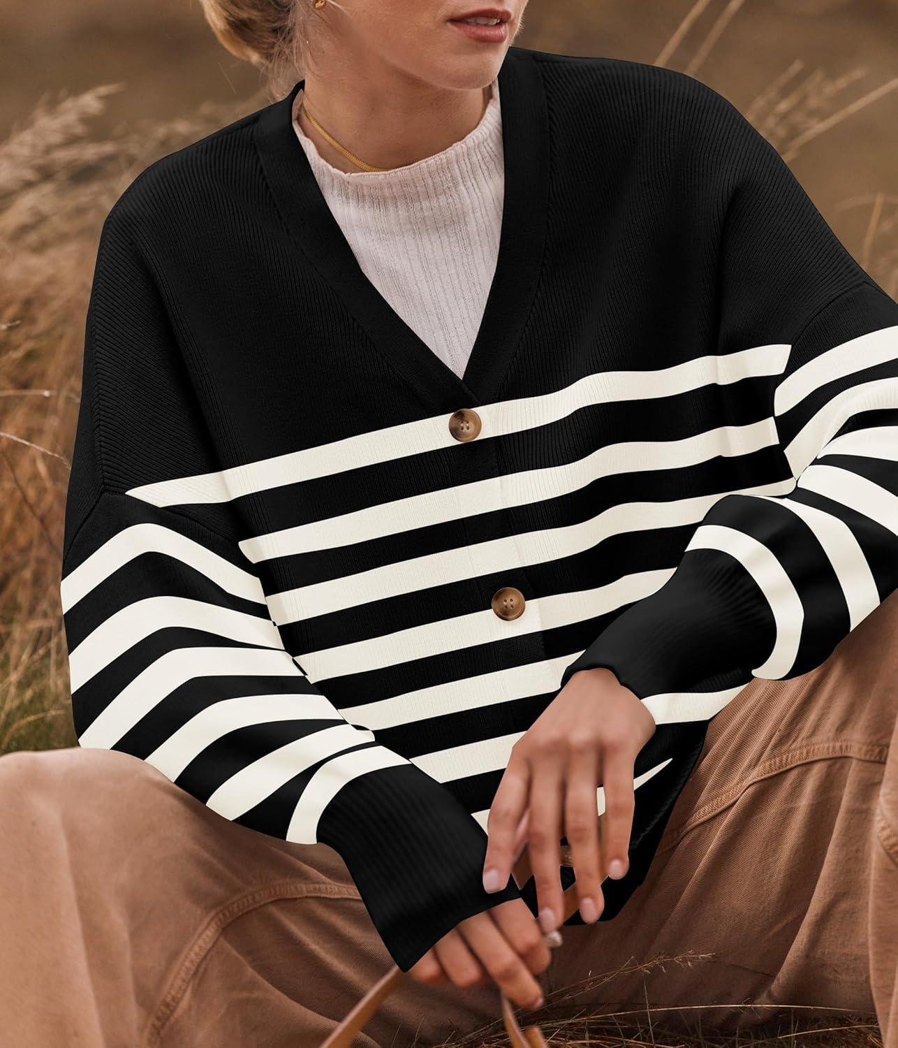 imageZESICA Womens Casual Long Sleeve Cardigan V Neck Button Down Open Front Knit Loose Oversized Sweater CoatStriped