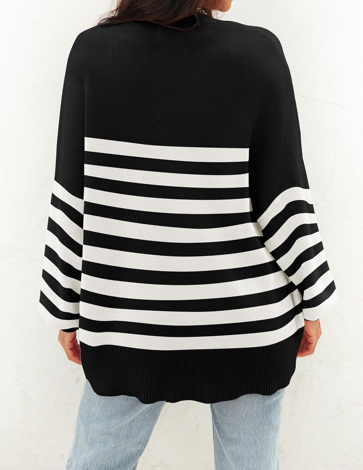 imageZESICA Womens Casual Long Sleeve Cardigan V Neck Button Down Open Front Knit Loose Oversized Sweater CoatStriped