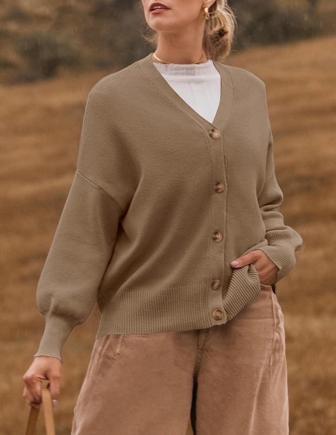 imageZESICA Womens Casual Long Sleeve Cardigan V Neck Button Down Open Front Knit Loose Oversized Sweater CoatTan