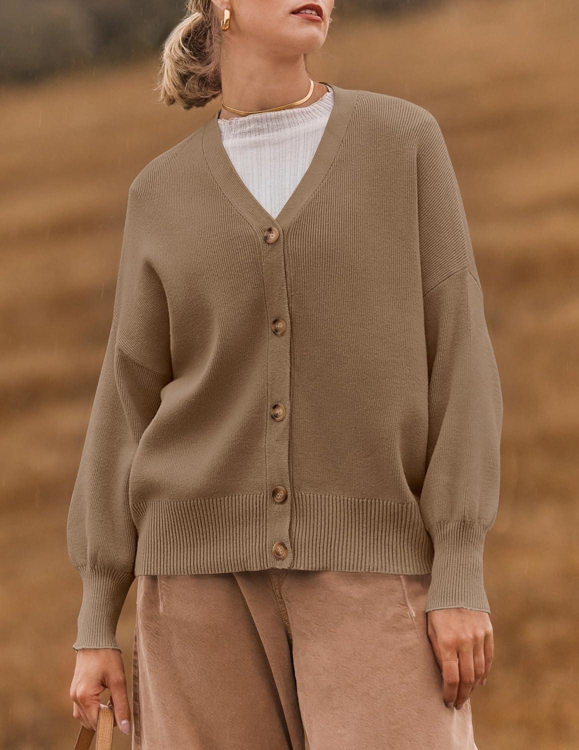 imageZESICA Womens Casual Long Sleeve Cardigan V Neck Button Down Open Front Knit Loose Oversized Sweater CoatTan