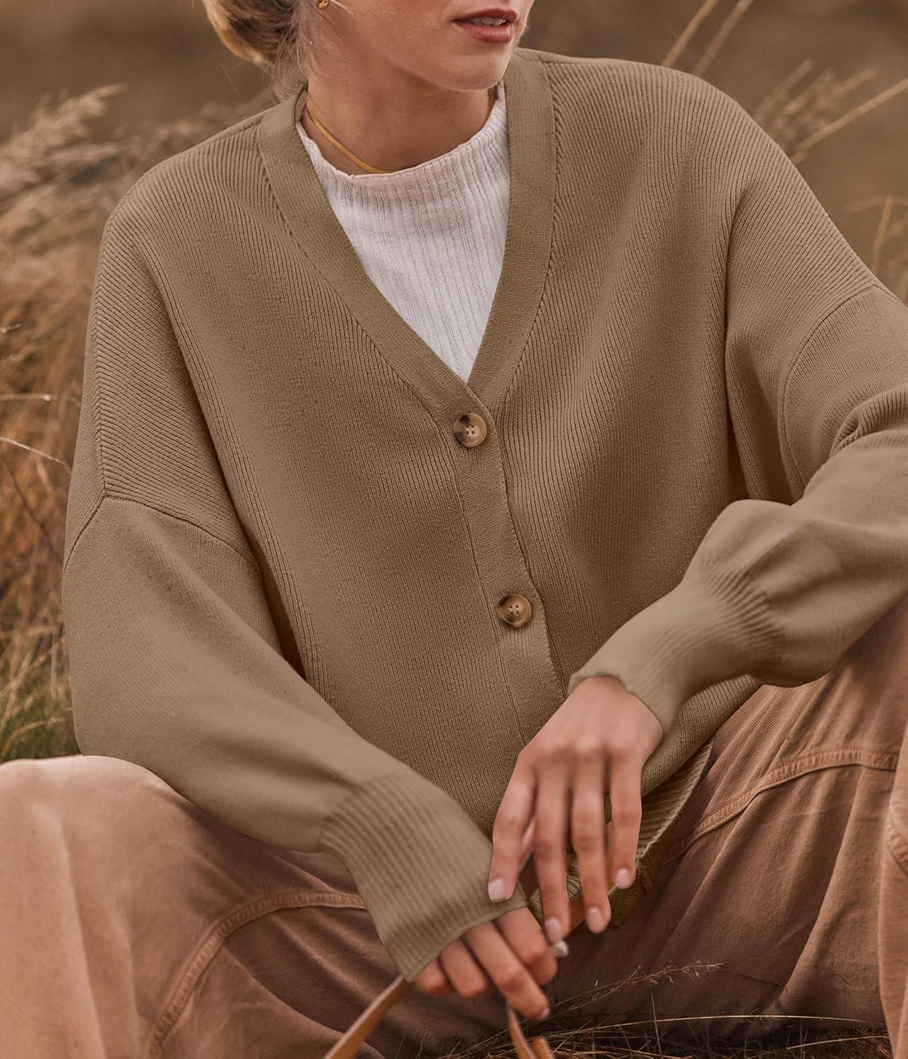 imageZESICA Womens Casual Long Sleeve Cardigan V Neck Button Down Open Front Knit Loose Oversized Sweater CoatTan