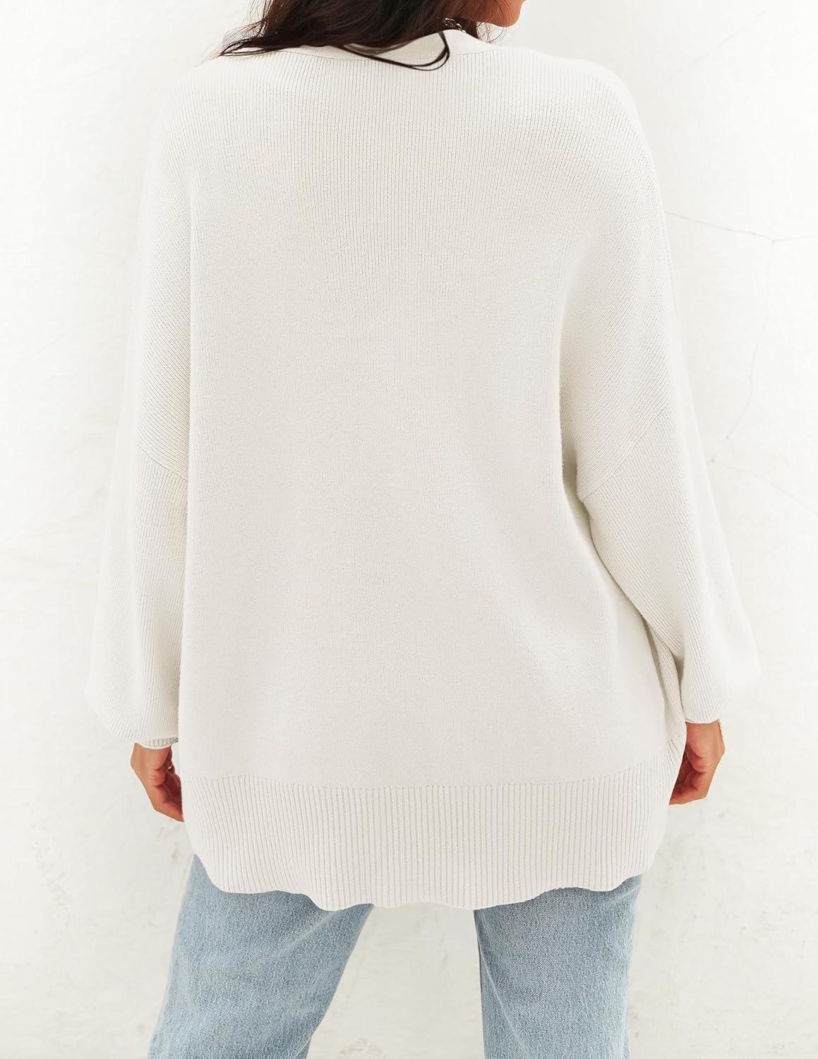 imageZESICA Womens Casual Long Sleeve Cardigan V Neck Button Down Open Front Knit Loose Oversized Sweater CoatWhite