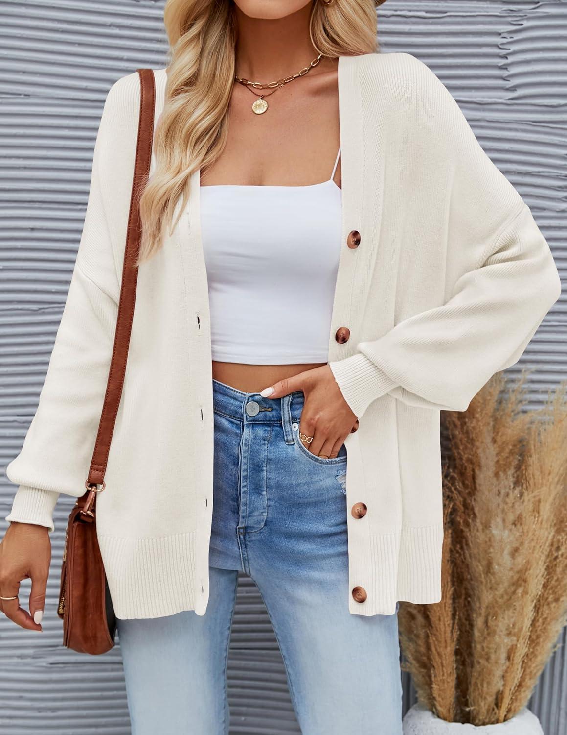 imageZESICA Womens Casual Long Sleeve Cardigan V Neck Button Down Open Front Knit Loose Oversized Sweater CoatWhite