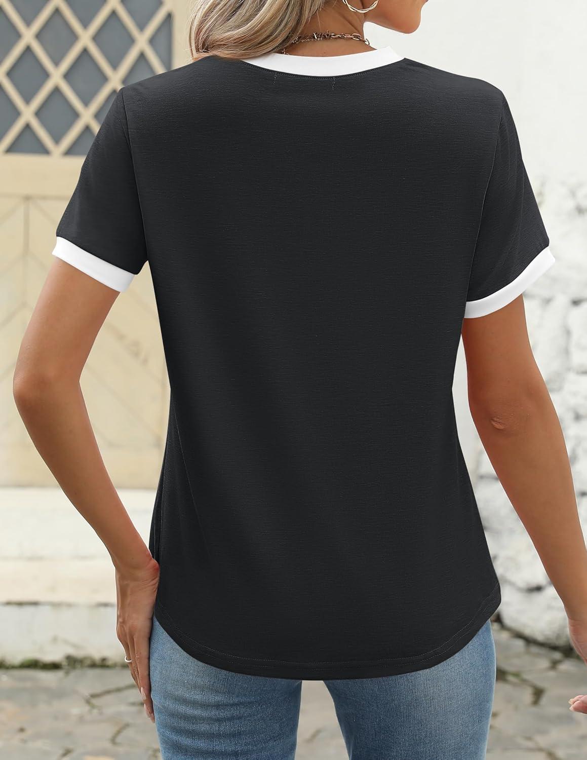 imageZESICA Womens Casual Short Sleeve Pleated Shirts 2025 Summer Dressy Crewneck Color Block TopsBlack