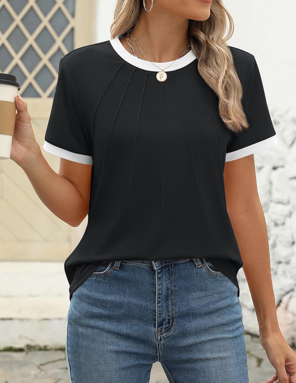 imageZESICA Womens Casual Short Sleeve Pleated Shirts 2025 Summer Dressy Crewneck Color Block TopsBlack