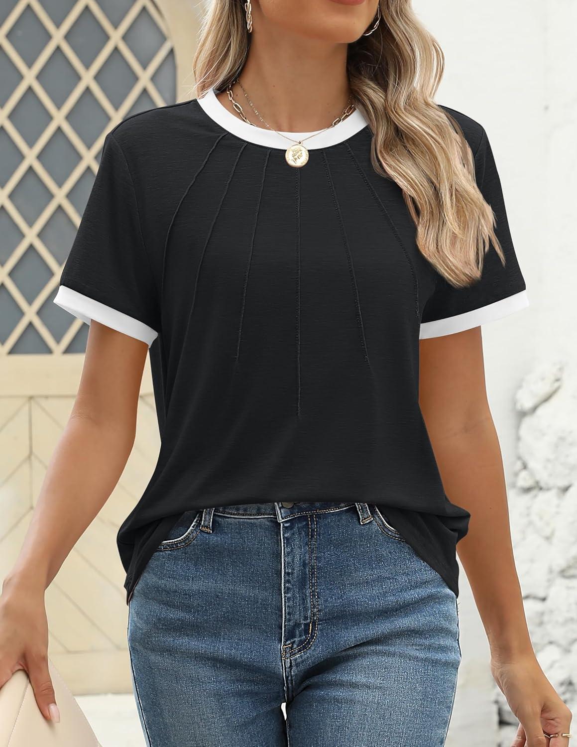 imageZESICA Womens Casual Short Sleeve Pleated Shirts 2025 Summer Dressy Crewneck Color Block TopsBlack