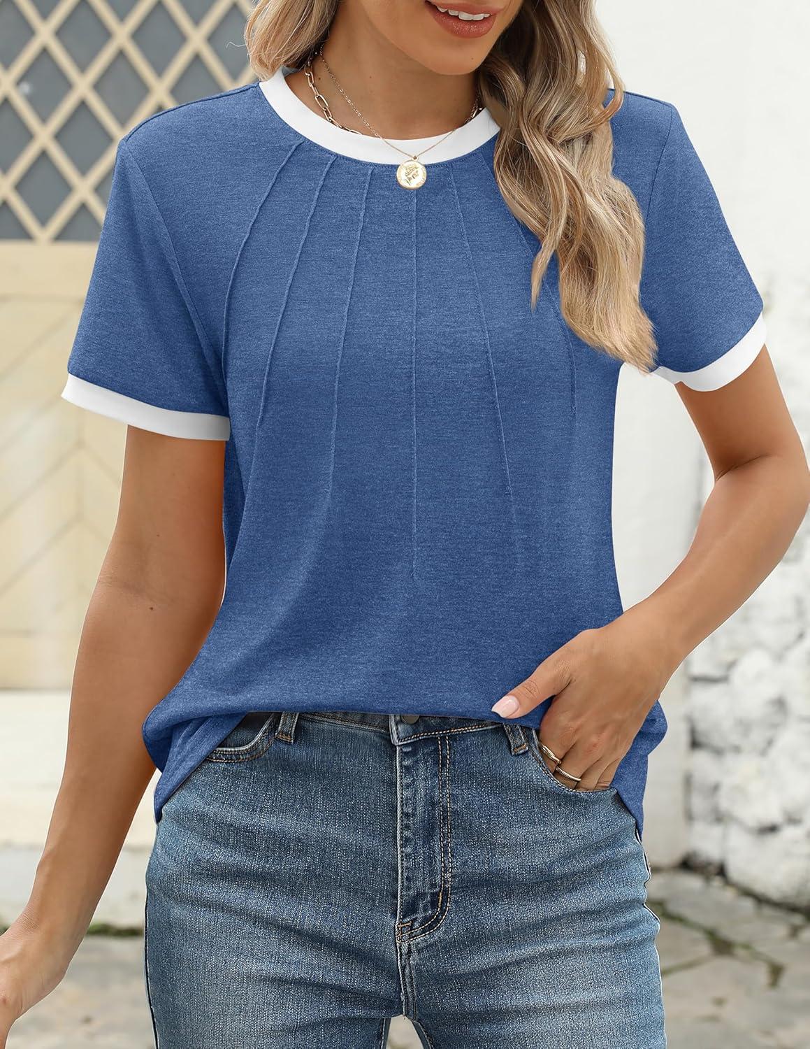 imageZESICA Womens Casual Short Sleeve Pleated Shirts 2025 Summer Dressy Crewneck Color Block TopsBlue