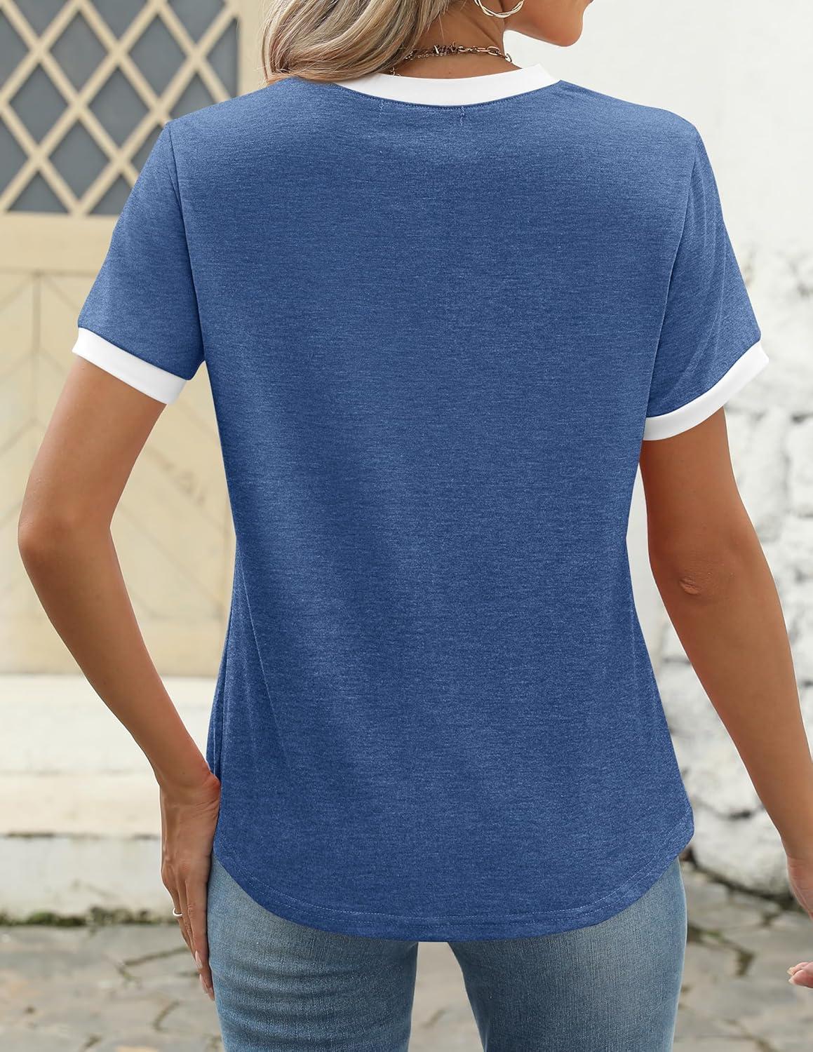 imageZESICA Womens Casual Short Sleeve Pleated Shirts 2025 Summer Dressy Crewneck Color Block TopsBlue