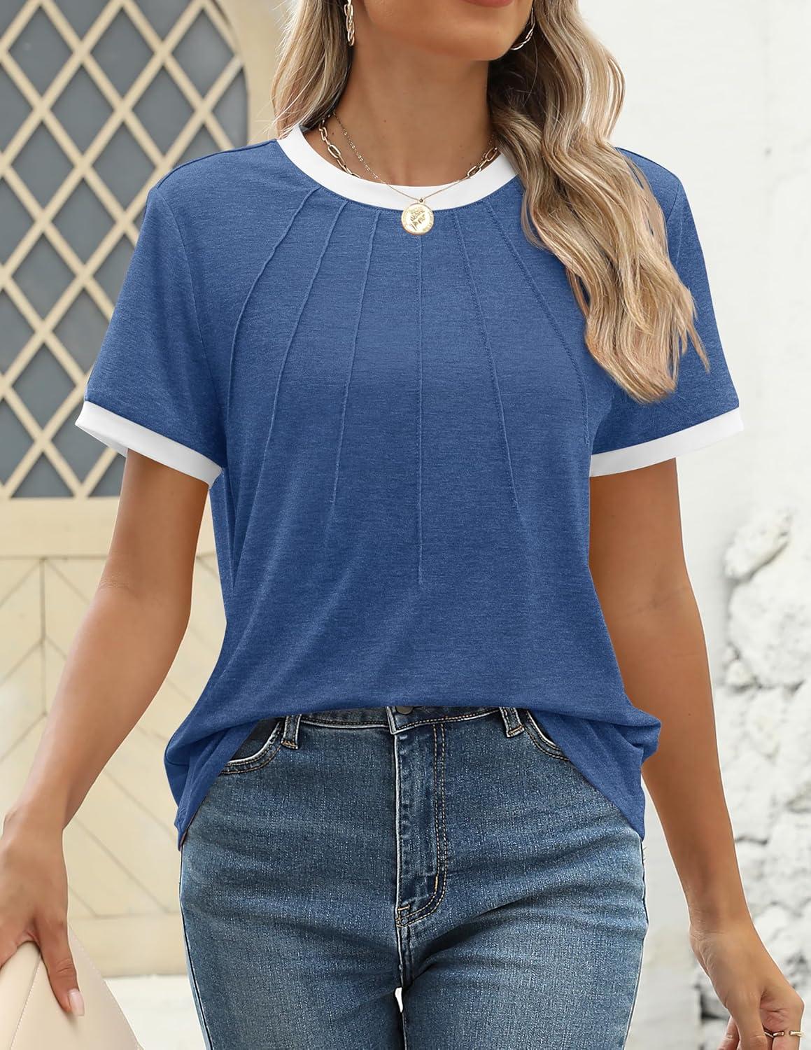 imageZESICA Womens Casual Short Sleeve Pleated Shirts 2025 Summer Dressy Crewneck Color Block TopsBlue
