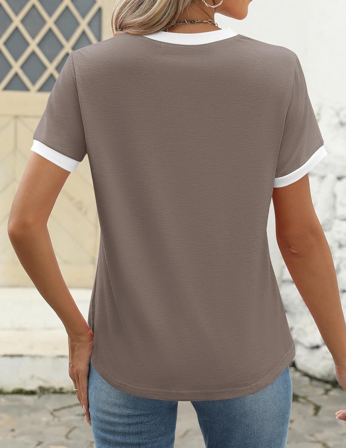 imageZESICA Womens Casual Short Sleeve Pleated Shirts 2025 Summer Dressy Crewneck Color Block TopsCoffee Grey