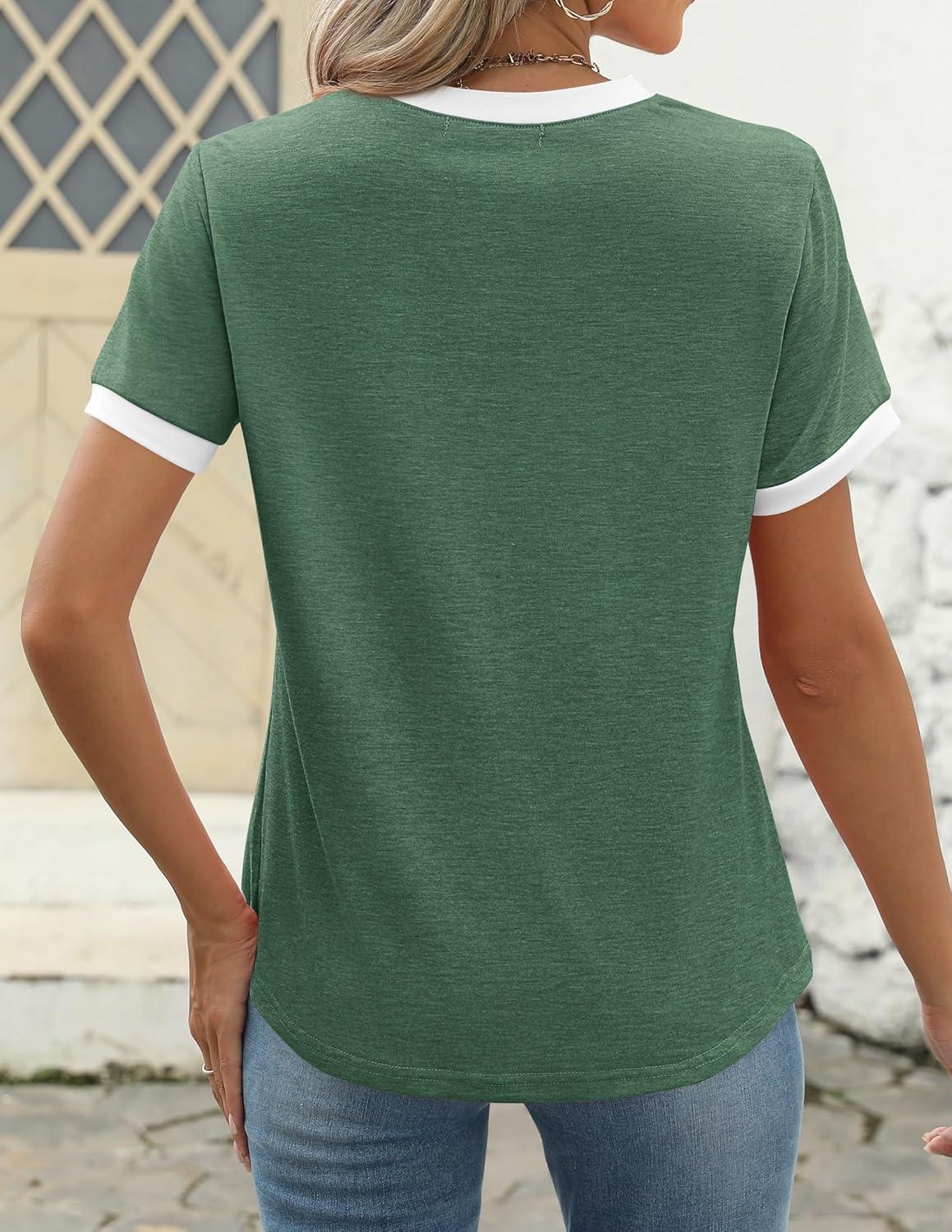 imageZESICA Womens Casual Short Sleeve Pleated Shirts 2025 Summer Dressy Crewneck Color Block TopsGreen