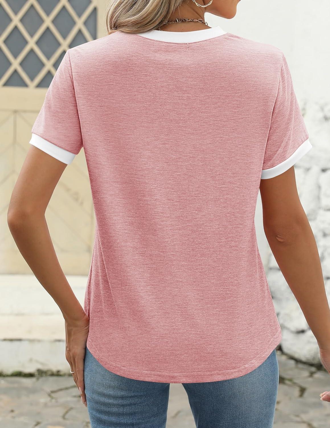 imageZESICA Womens Casual Short Sleeve Pleated Shirts 2025 Summer Dressy Crewneck Color Block TopsPink