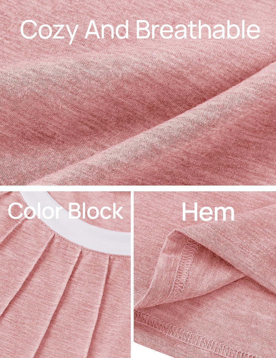imageZESICA Womens Casual Short Sleeve Pleated Shirts 2025 Summer Dressy Crewneck Color Block TopsPink