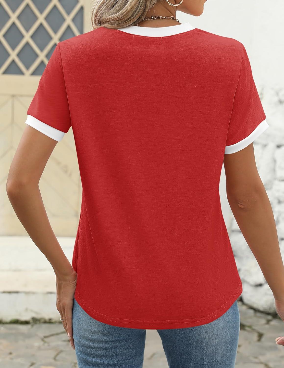 imageZESICA Womens Casual Short Sleeve Pleated Shirts 2025 Summer Dressy Crewneck Color Block TopsRed
