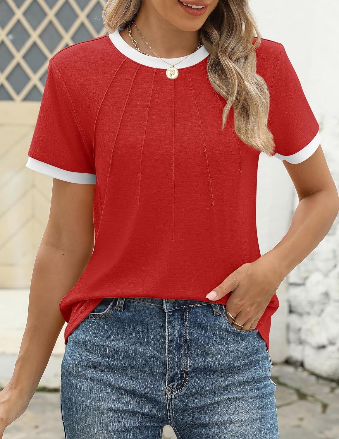 imageZESICA Womens Casual Short Sleeve Pleated Shirts 2025 Summer Dressy Crewneck Color Block TopsRed