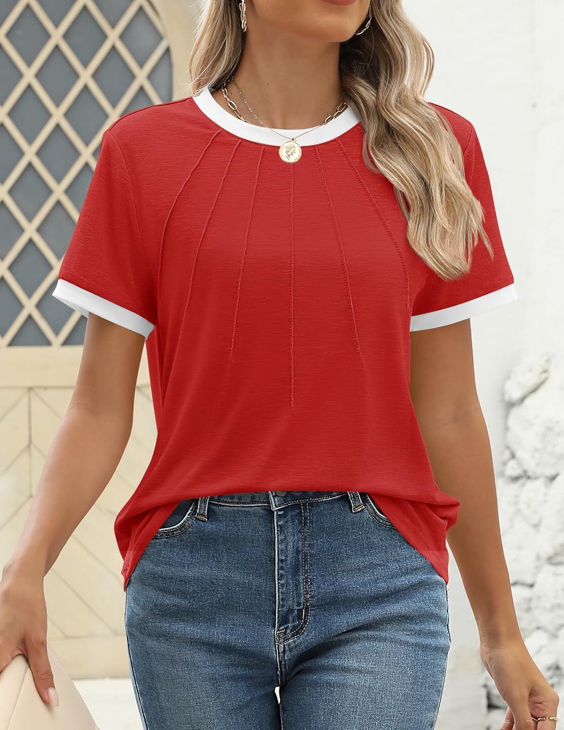 imageZESICA Womens Casual Short Sleeve Pleated Shirts 2025 Summer Dressy Crewneck Color Block TopsRed