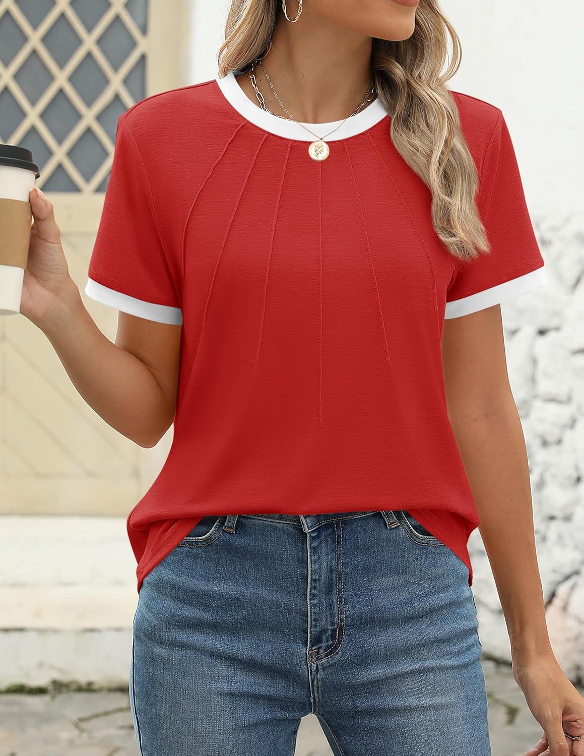imageZESICA Womens Casual Short Sleeve Pleated Shirts 2025 Summer Dressy Crewneck Color Block TopsRed