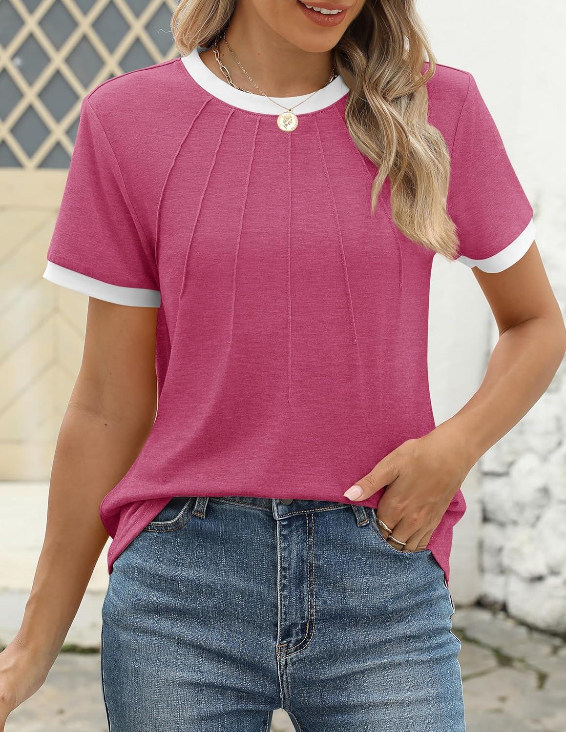 imageZESICA Womens Casual Short Sleeve Pleated Shirts 2025 Summer Dressy Crewneck Color Block TopsRose