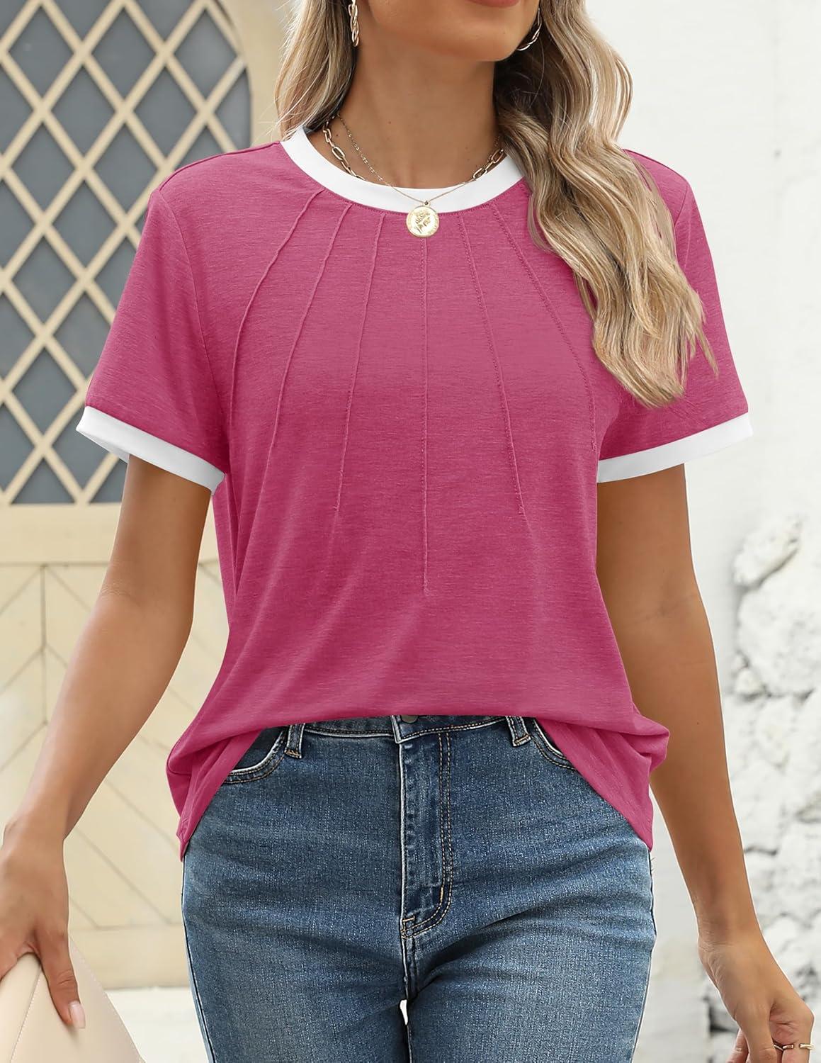 imageZESICA Womens Casual Short Sleeve Pleated Shirts 2025 Summer Dressy Crewneck Color Block TopsRose