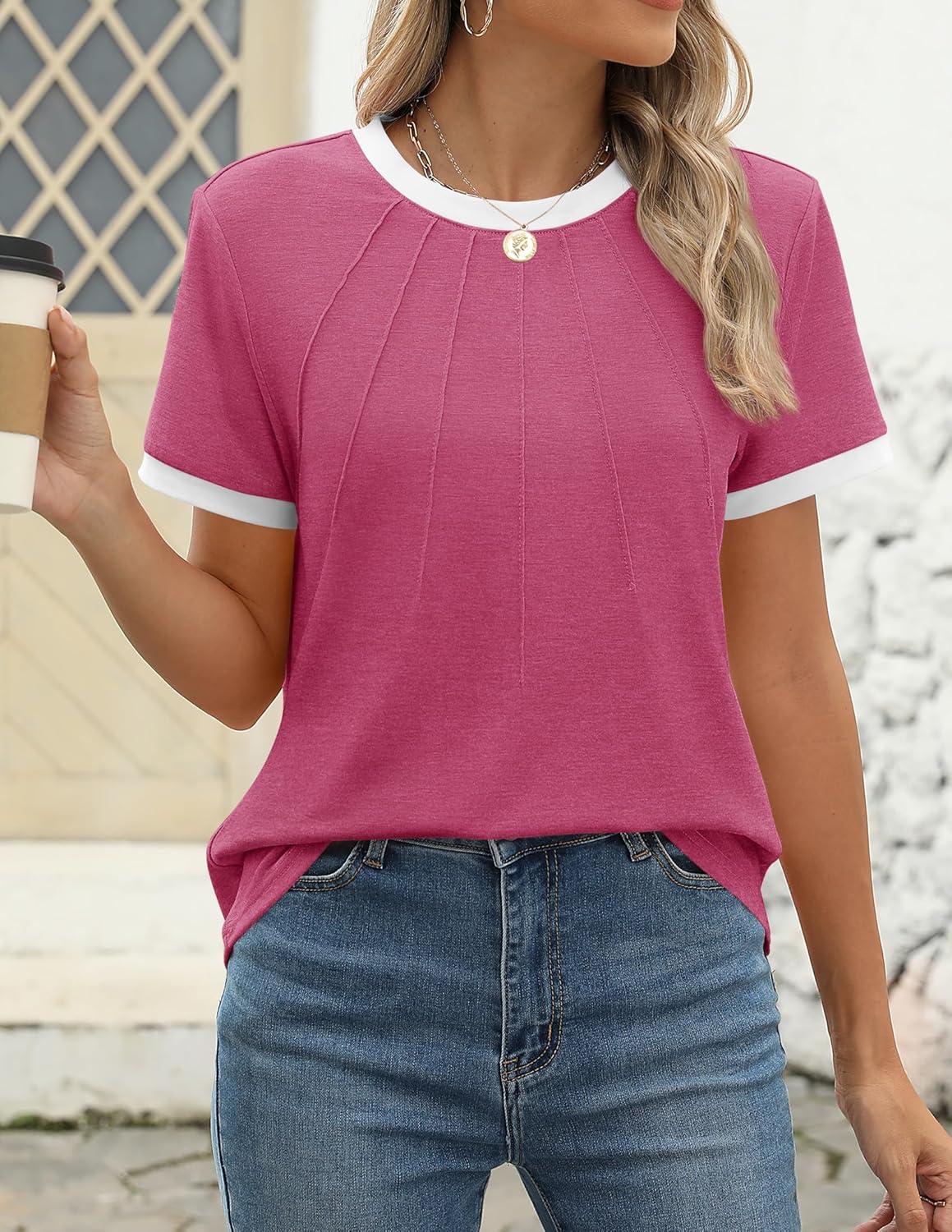 imageZESICA Womens Casual Short Sleeve Pleated Shirts 2025 Summer Dressy Crewneck Color Block TopsRose
