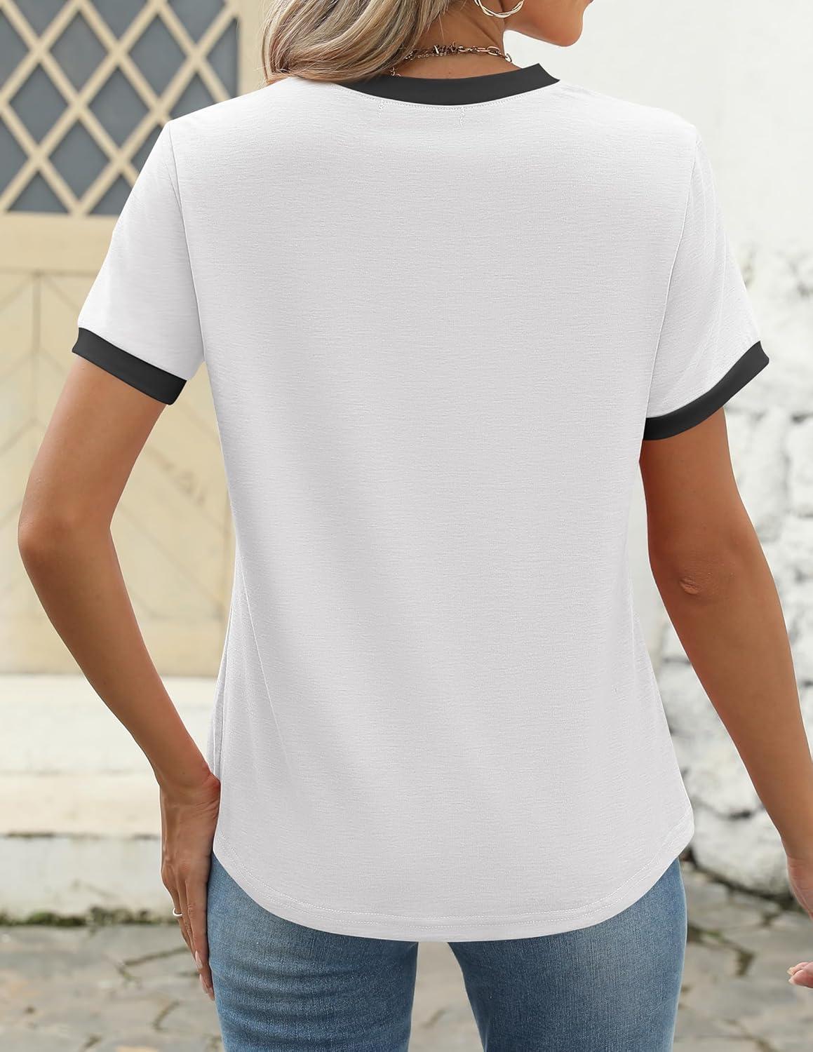 imageZESICA Womens Casual Short Sleeve Pleated Shirts 2025 Summer Dressy Crewneck Color Block TopsWhite