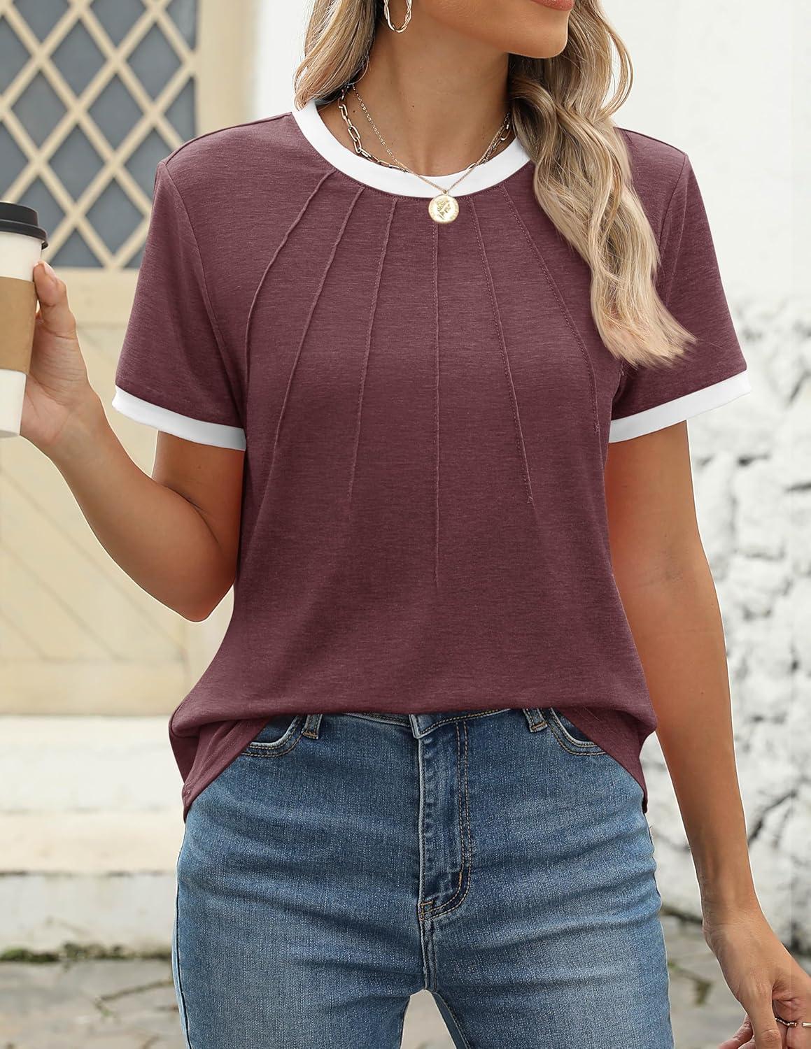 imageZESICA Womens Casual Short Sleeve Pleated Shirts 2025 Summer Dressy Crewneck Color Block TopsWine