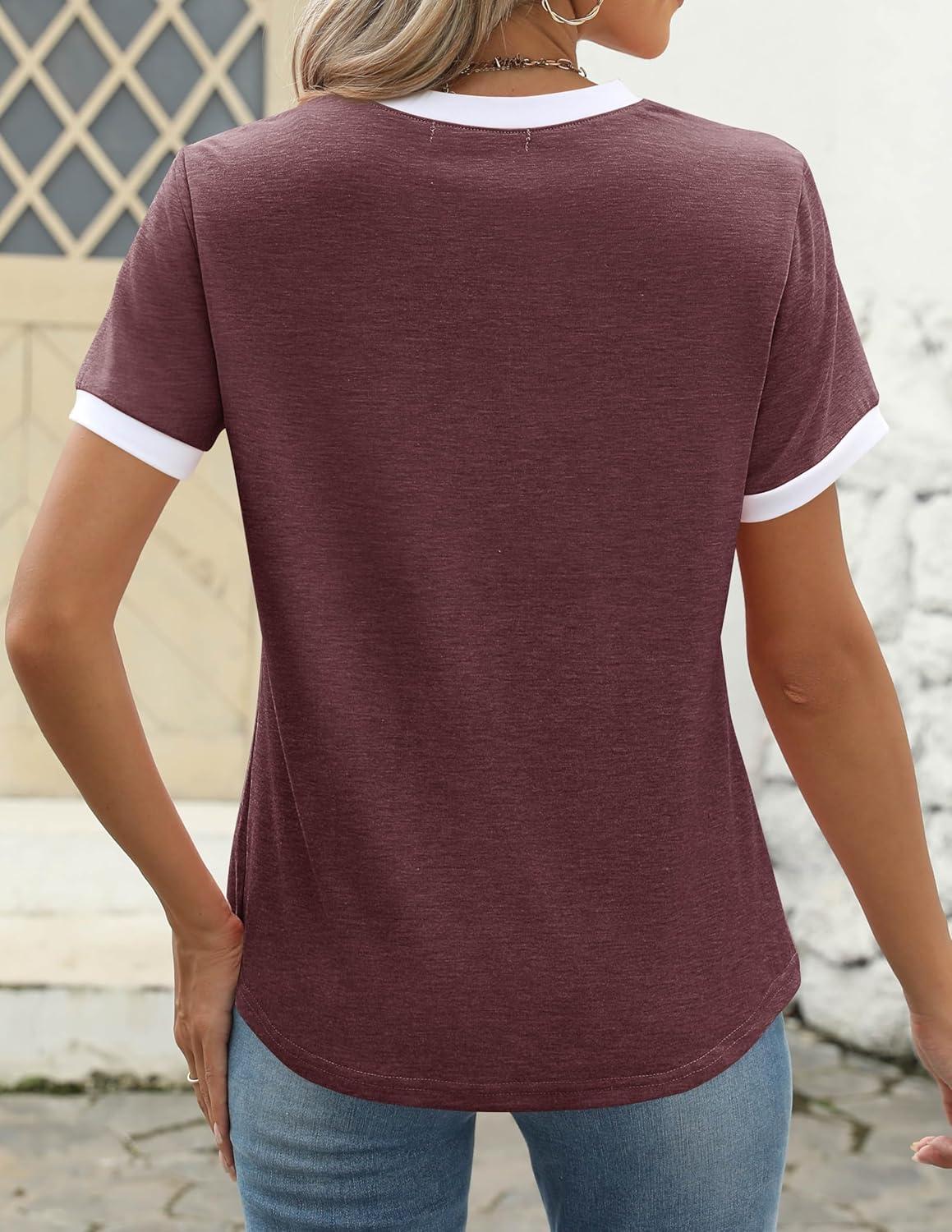 imageZESICA Womens Casual Short Sleeve Pleated Shirts 2025 Summer Dressy Crewneck Color Block TopsWine