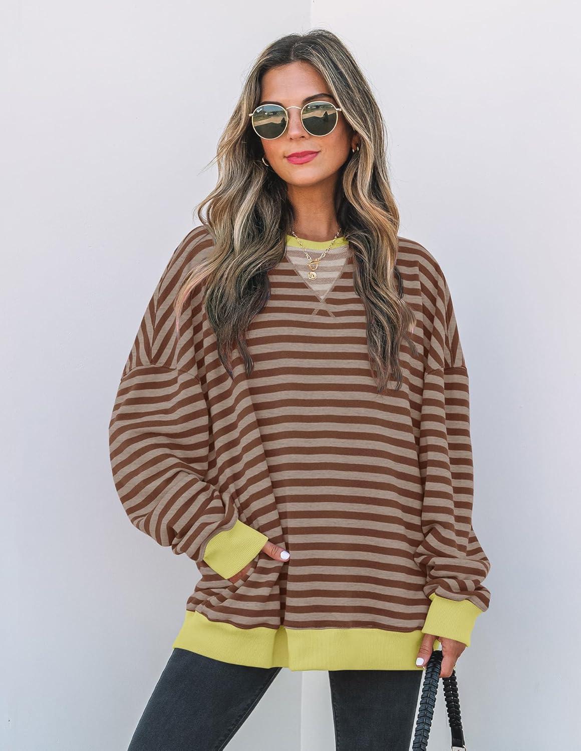 imageZESICA Womens Casual Striped Pullover Tops Long Sleeve Shirts Crewneck Oversized Sweatshirts Spring ClothesBrown