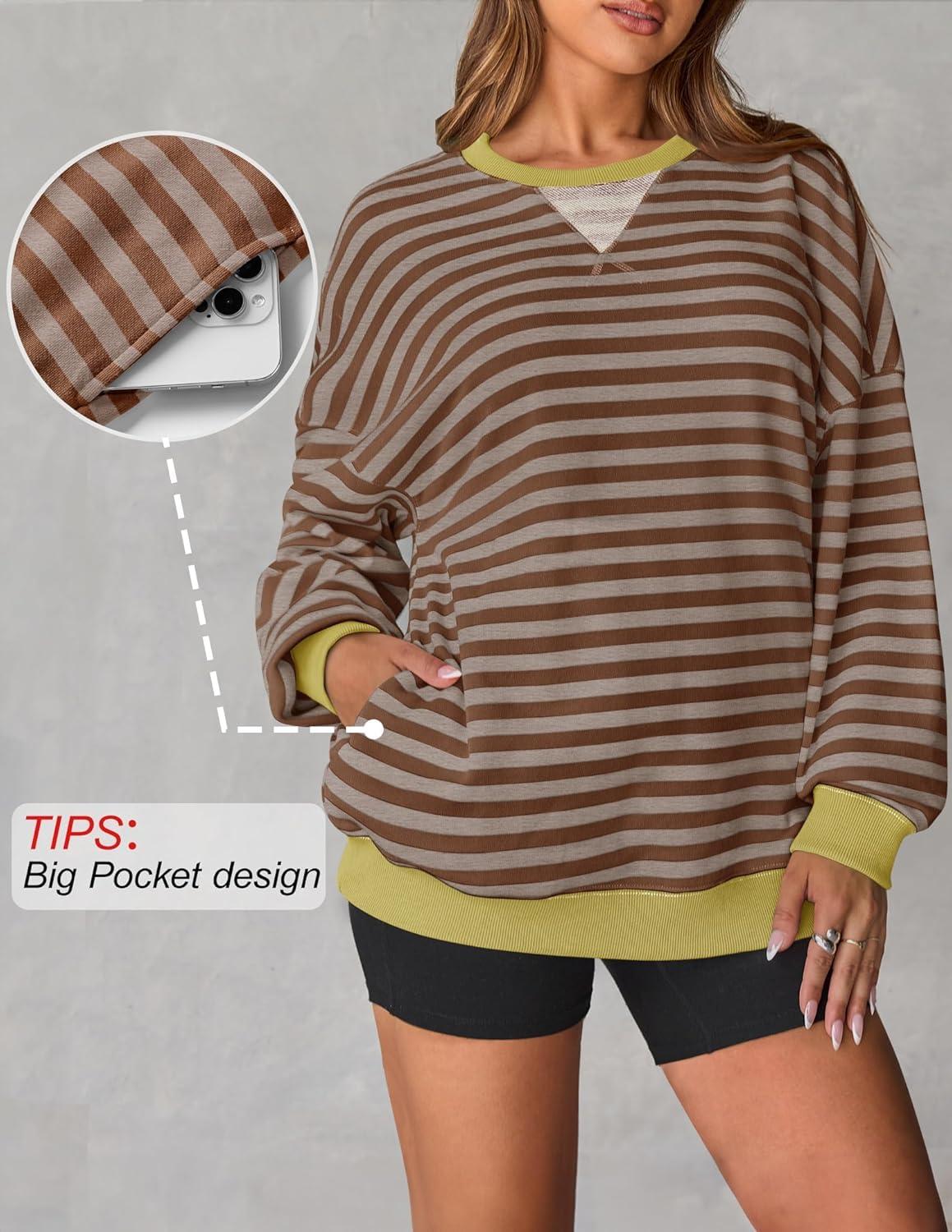 imageZESICA Womens Casual Striped Pullover Tops Long Sleeve Shirts Crewneck Oversized Sweatshirts Spring ClothesBrown