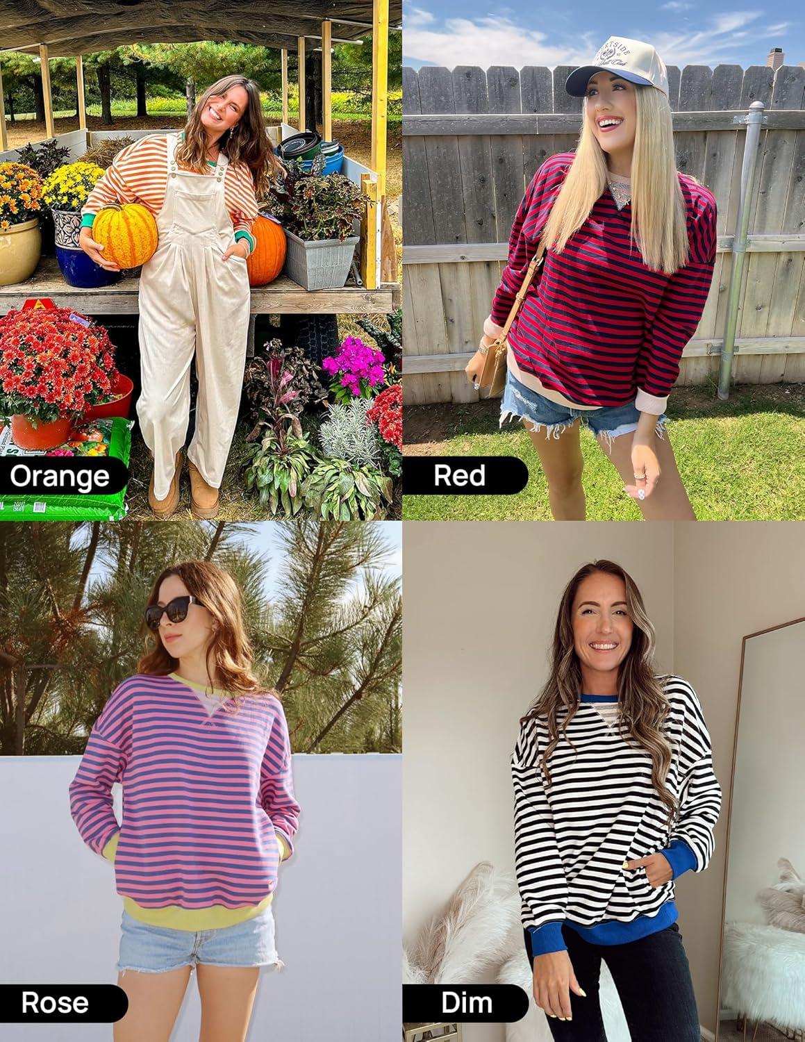 imageZESICA Womens Casual Striped Pullover Tops Long Sleeve Shirts Crewneck Oversized Sweatshirts Spring ClothesCaramel