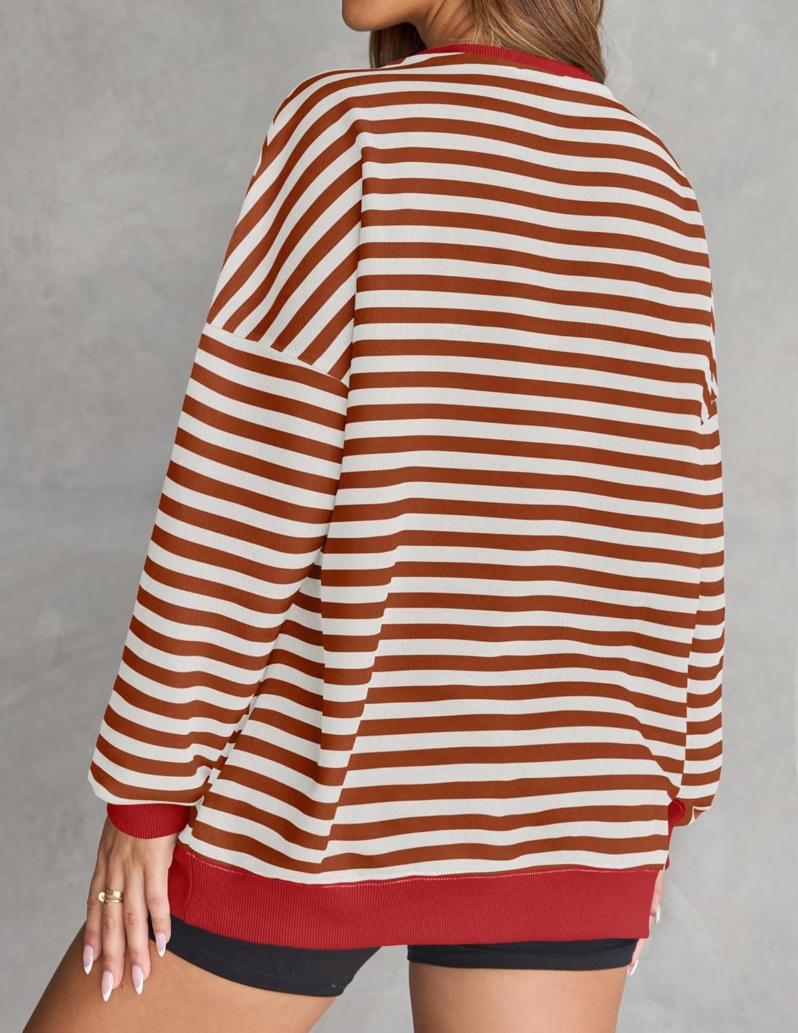 imageZESICA Womens Casual Striped Pullover Tops Long Sleeve Shirts Crewneck Oversized Sweatshirts Spring ClothesCaramel