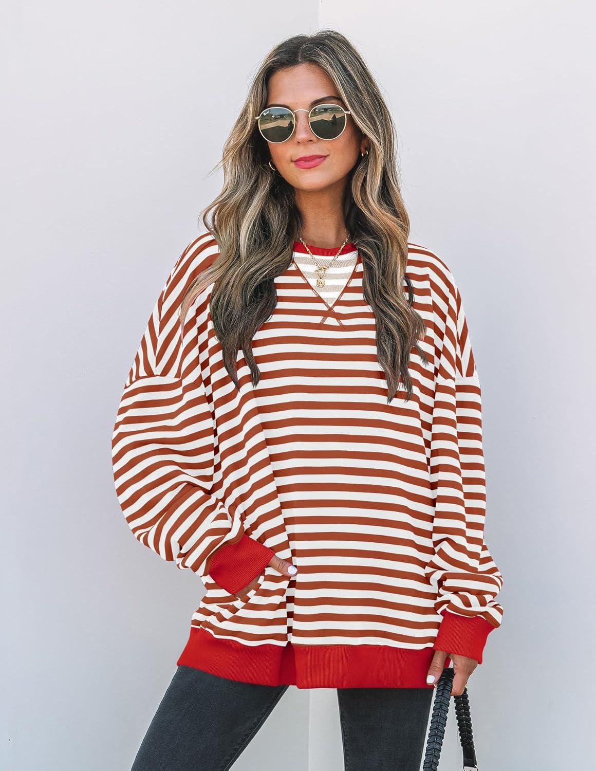 imageZESICA Womens Casual Striped Pullover Tops Long Sleeve Shirts Crewneck Oversized Sweatshirts Spring ClothesCaramel