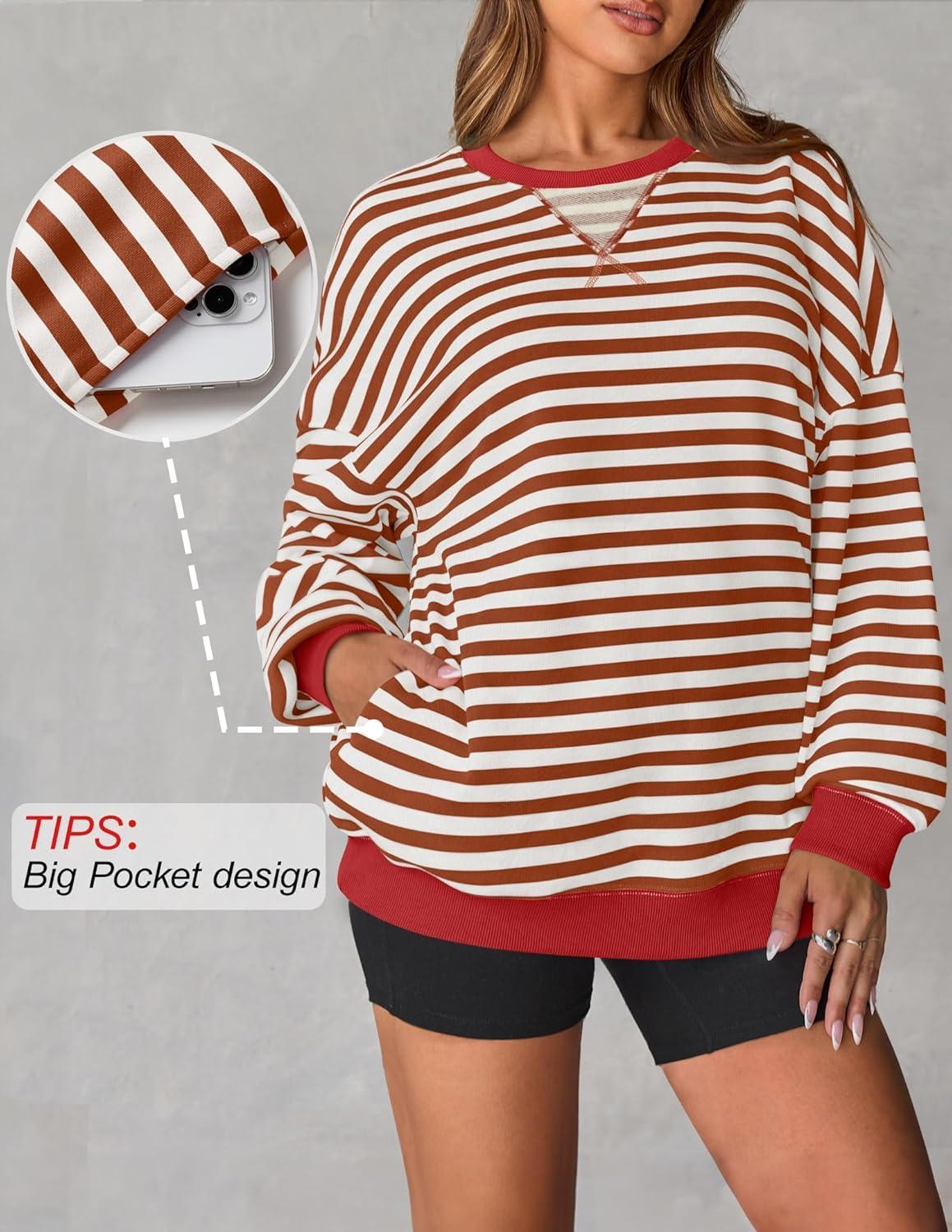 imageZESICA Womens Casual Striped Pullover Tops Long Sleeve Shirts Crewneck Oversized Sweatshirts Spring ClothesCaramel