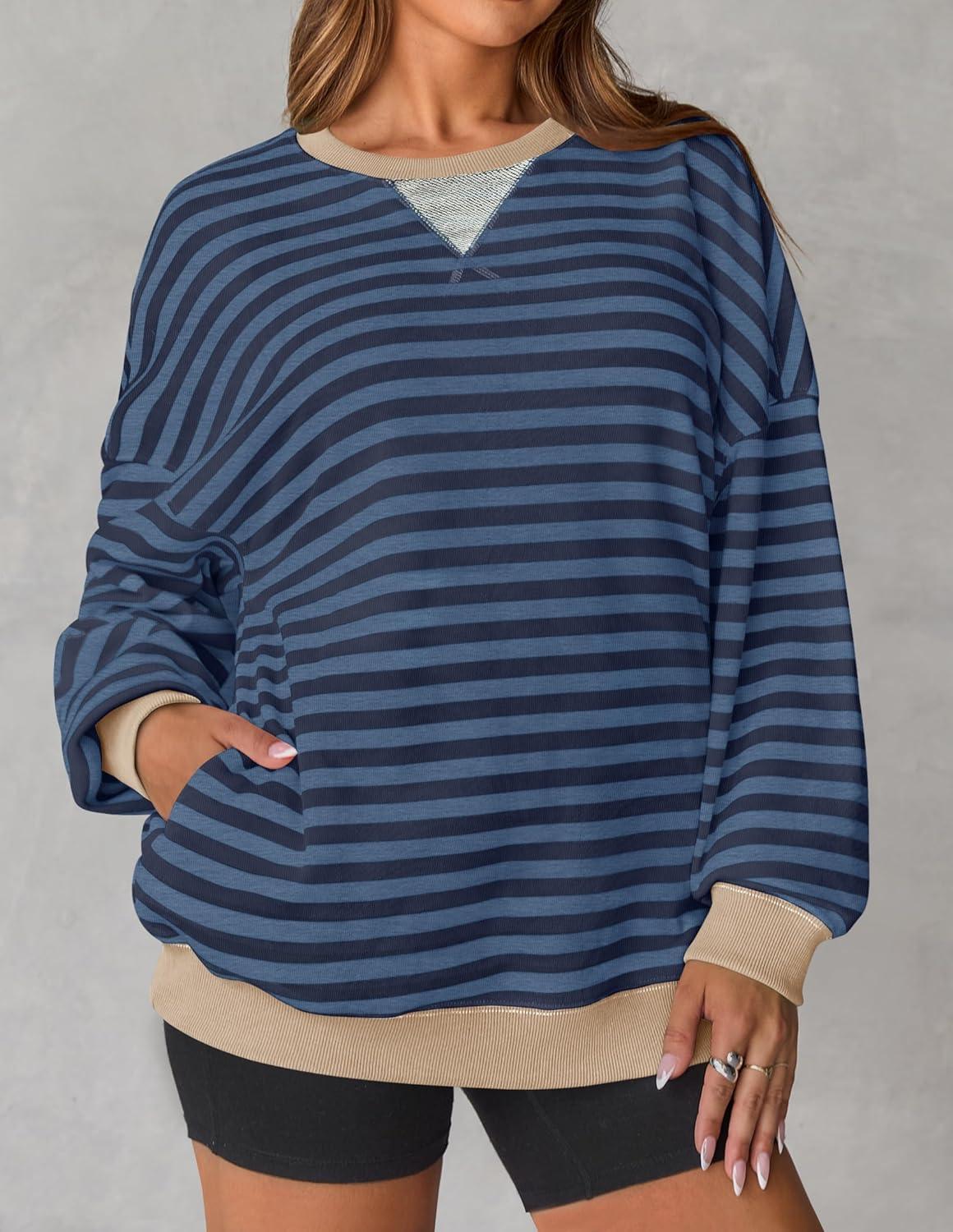imageZESICA Womens Casual Striped Pullover Tops Long Sleeve Shirts Crewneck Oversized Sweatshirts Spring ClothesDark Blue