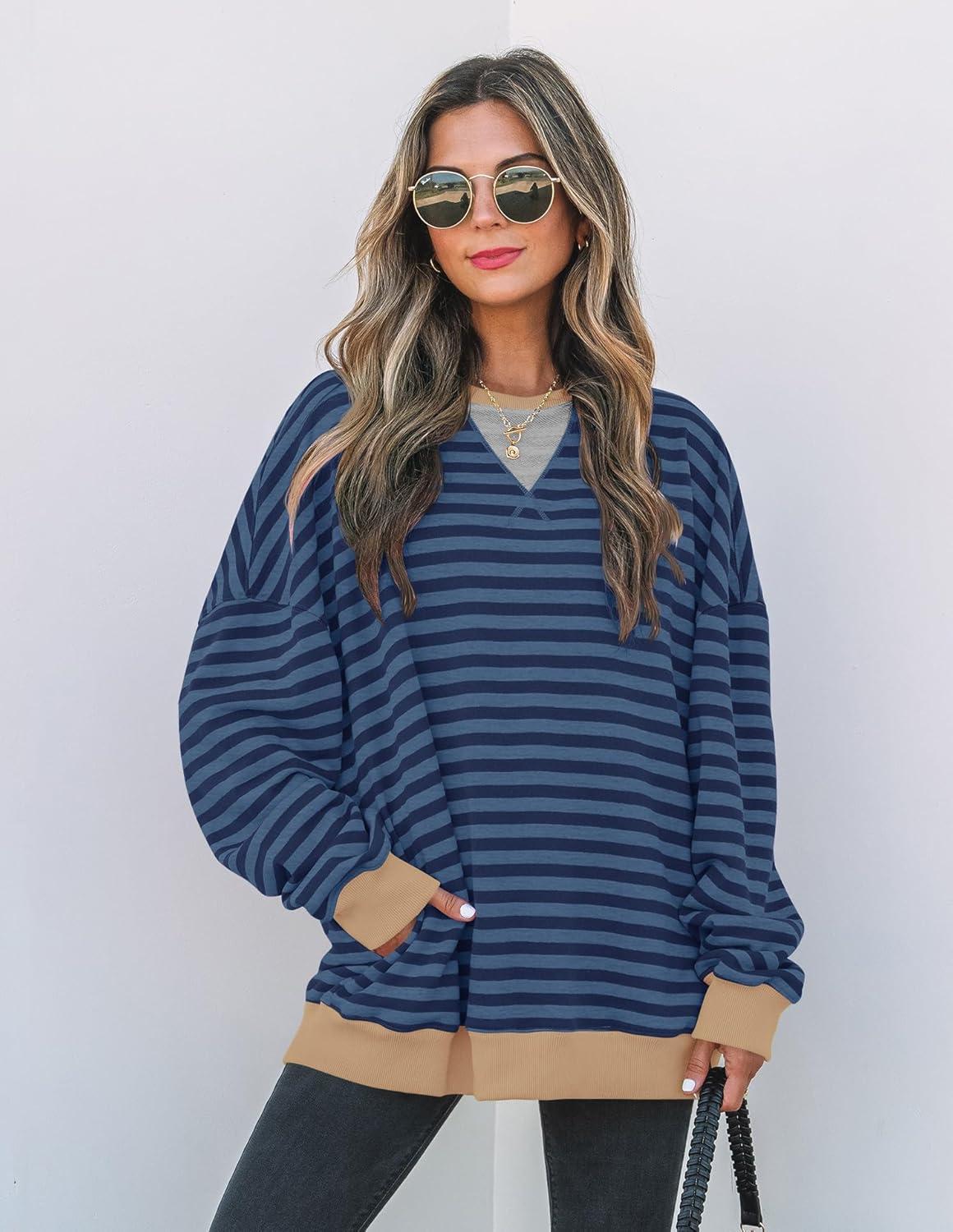 imageZESICA Womens Casual Striped Pullover Tops Long Sleeve Shirts Crewneck Oversized Sweatshirts Spring ClothesDark Blue