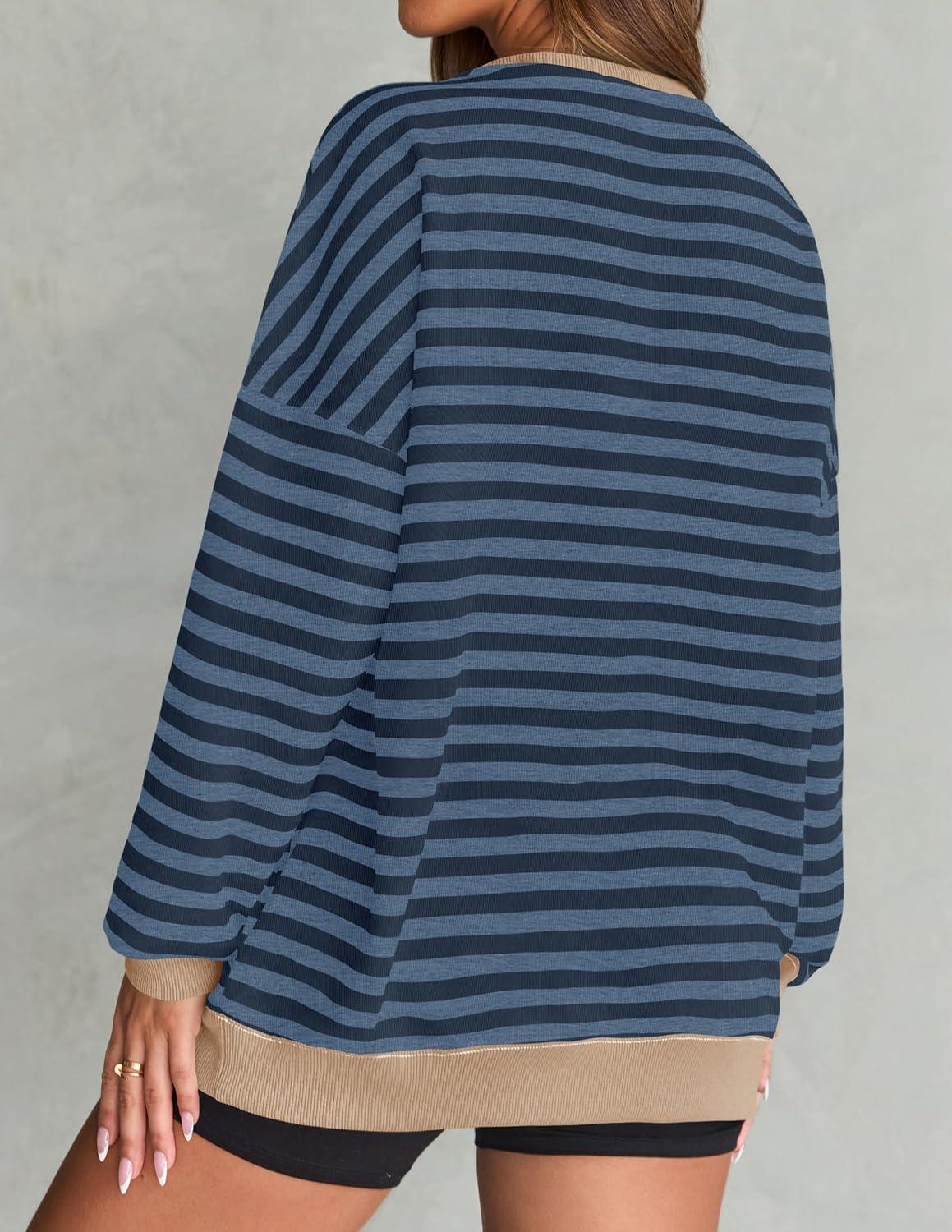 imageZESICA Womens Casual Striped Pullover Tops Long Sleeve Shirts Crewneck Oversized Sweatshirts Spring ClothesDark Blue