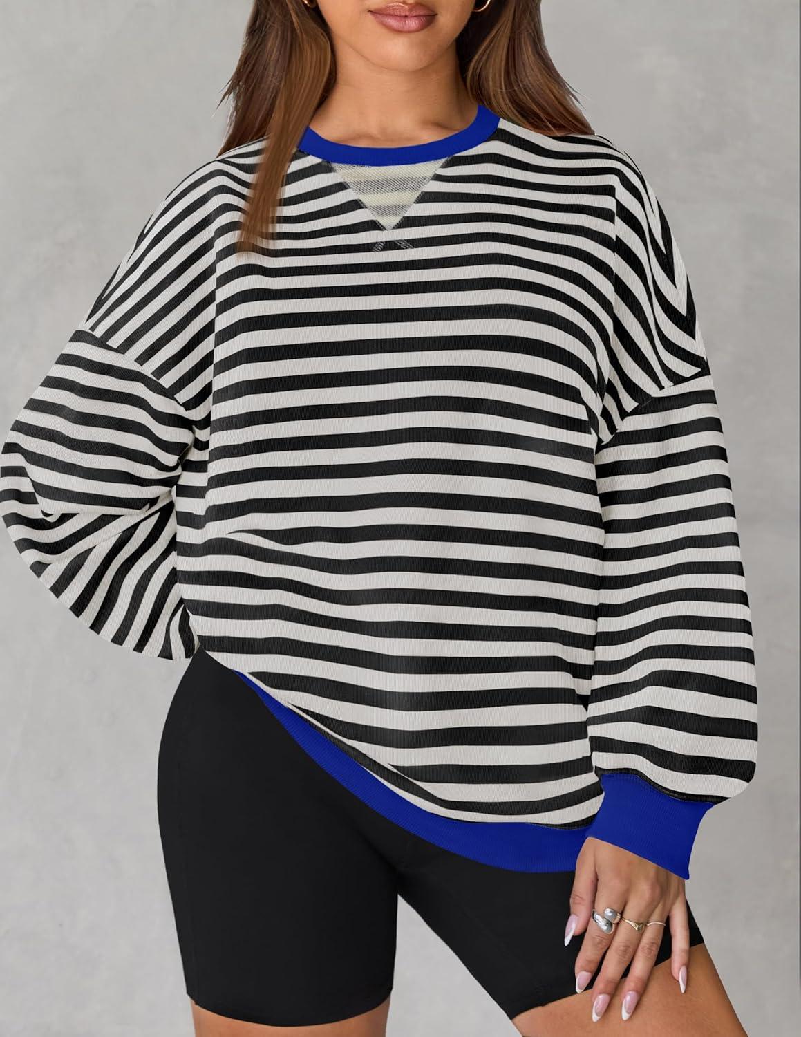 imageZESICA Womens Casual Striped Pullover Tops Long Sleeve Shirts Crewneck Oversized Sweatshirts Spring ClothesDim