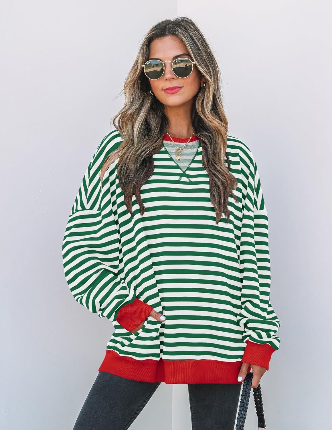 imageZESICA Womens Casual Striped Pullover Tops Long Sleeve Shirts Crewneck Oversized Sweatshirts Spring ClothesGreen