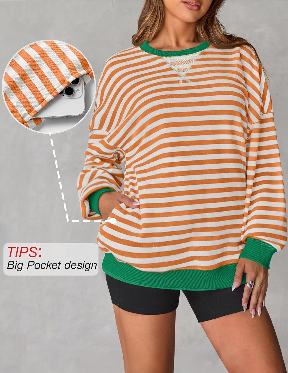 imageZESICA Womens Casual Striped Pullover Tops Long Sleeve Shirts Crewneck Oversized Sweatshirts Spring ClothesOrange